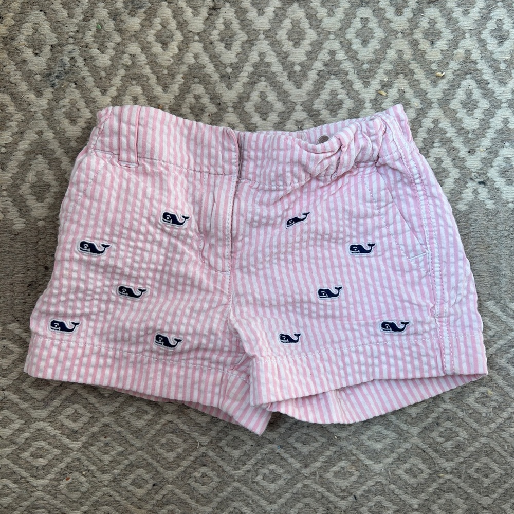 Vineyard Vines Pink Seersucker Shorts with Whale Emblem